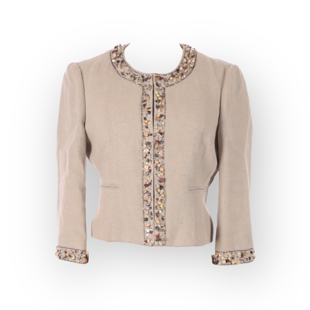 BCBG MaxAzria  Gemma Raw Gems Cropped Linen Jacket  Straw Beige - Picture 2 of 16